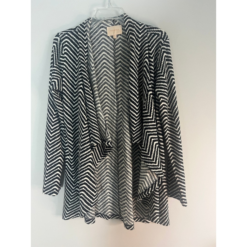 Skies Are Blue Black White Chevron Zig Zag Open Front Draped Cardigan Small